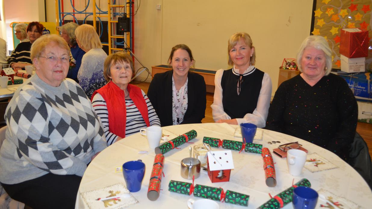 ALL SMILES: Cockfield Primary head Nicky Wright welcomes Joyce Anderson, Joyce Heddle, Lisa Bowman and Beverley Yorke to the afternoon tea party											    TM pic