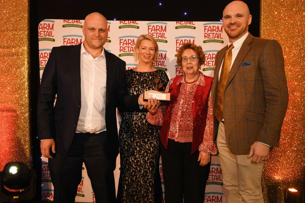 TOP SPOT: Andrew Robson, left from Barnard Castle Farmers’ Market, with Natalie King, who presented the award on behalf of sponsor Dole, Ann Bell, chairwoman of the farmers’ market, and Olly Lawson