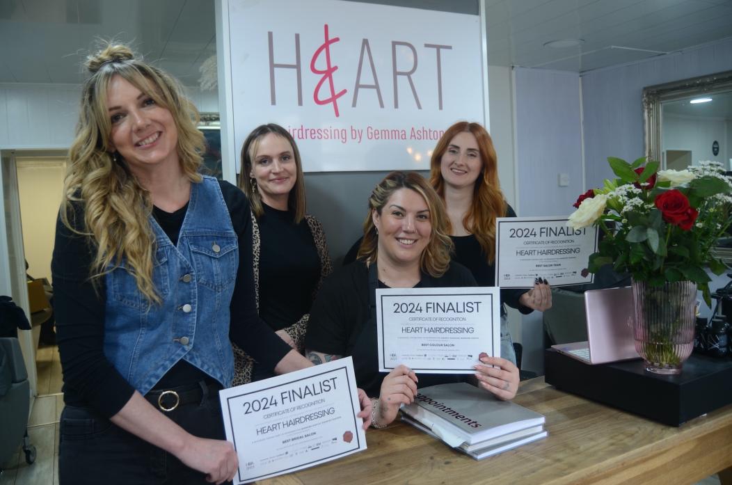MAKING THE CUT: The Heart Hairdressing team at Staindrop, from left, Gemma Potts, Fiona Davey, Sian Thompson and Annabel Franks, have been selected as finalists in three categories in the UK Hair and Beauty Awards TM pic