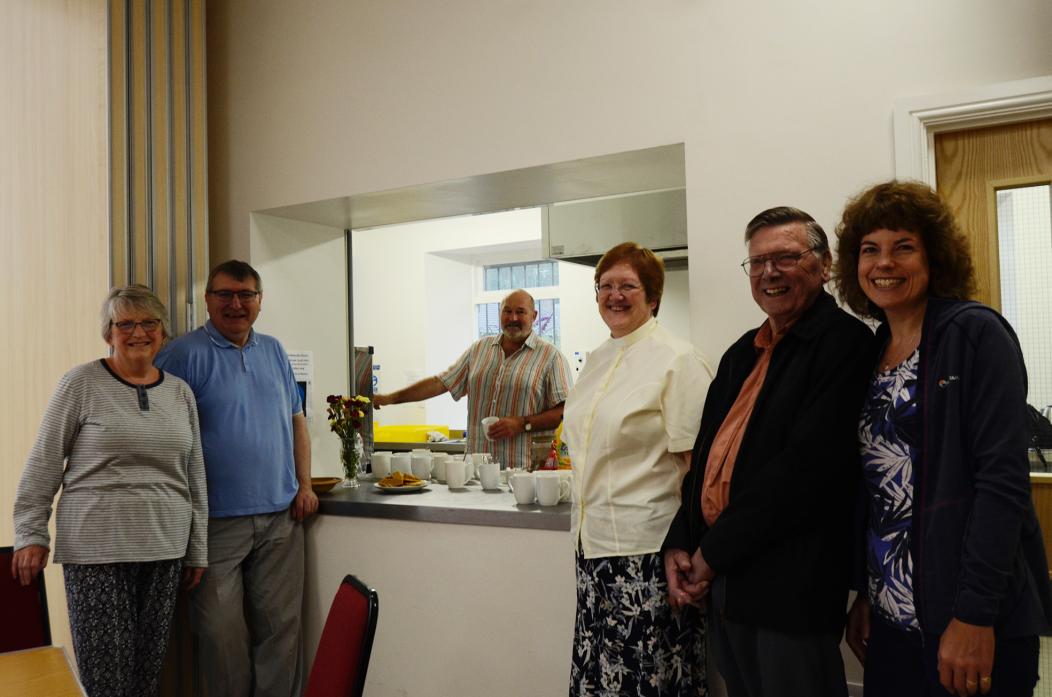 PLUSH SURROUNDINGS: Congregation members serve up a treat at open day. From left, Dorothy Matthews, Ian Tallentire, Charles Kirkbride, Revd Beverley Hollings, Colin Bates and Lisa Hext