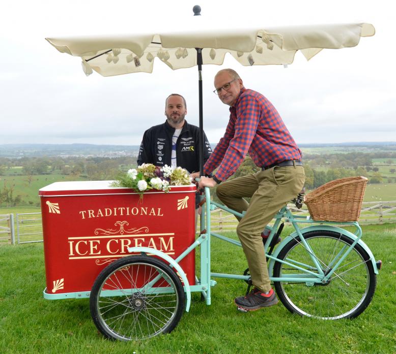 SADDLING UP FOR SUCCESS: Robert Dunbar with Simon Adamson with their newly restored ice cream tricycle