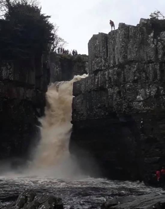 HIGH FORCE STUNT: One of the group prepares to leap