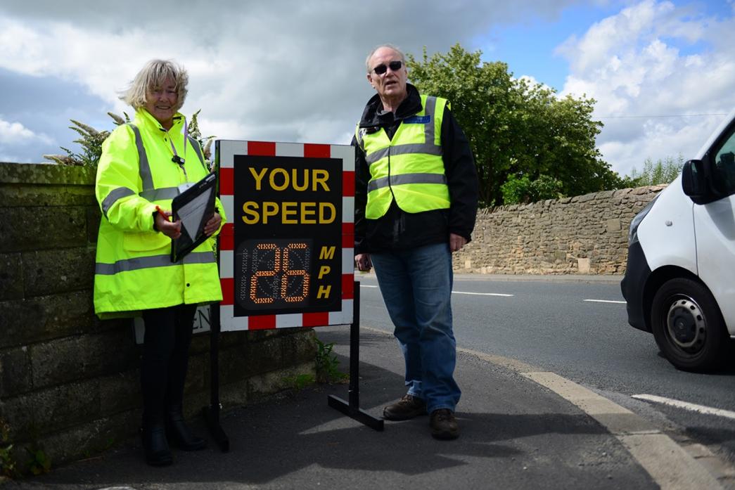 Volunteers Susan Dodgson and Stephen Beardsall conducting a speedwatch operation