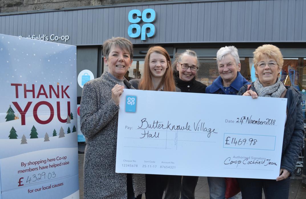 COMMUNITY BOOST: Klara Whiley, June Wilson, Sheila Todd and Heather Dunn are all smiles with Cockfield Co-op’s Kayleigh Bell