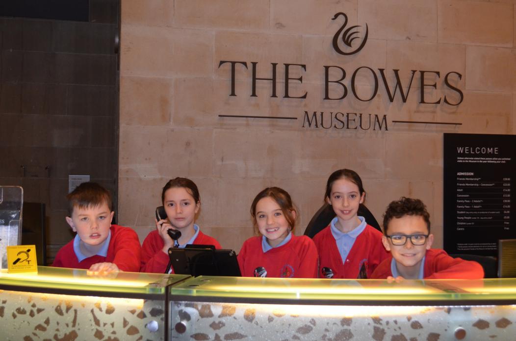 TAKEOVER DAY: Visitors to The Bowes Museum were greeted at reception by pupils Josh Sutherst, Isabel Collings, Imogen Carter-Sedgewick, Sophia Connelly and Leo Dodgson. Right,  St Mary’s pupils Tom Curran, Terry Chen and Cian Tynan interview Adrian Jenkin