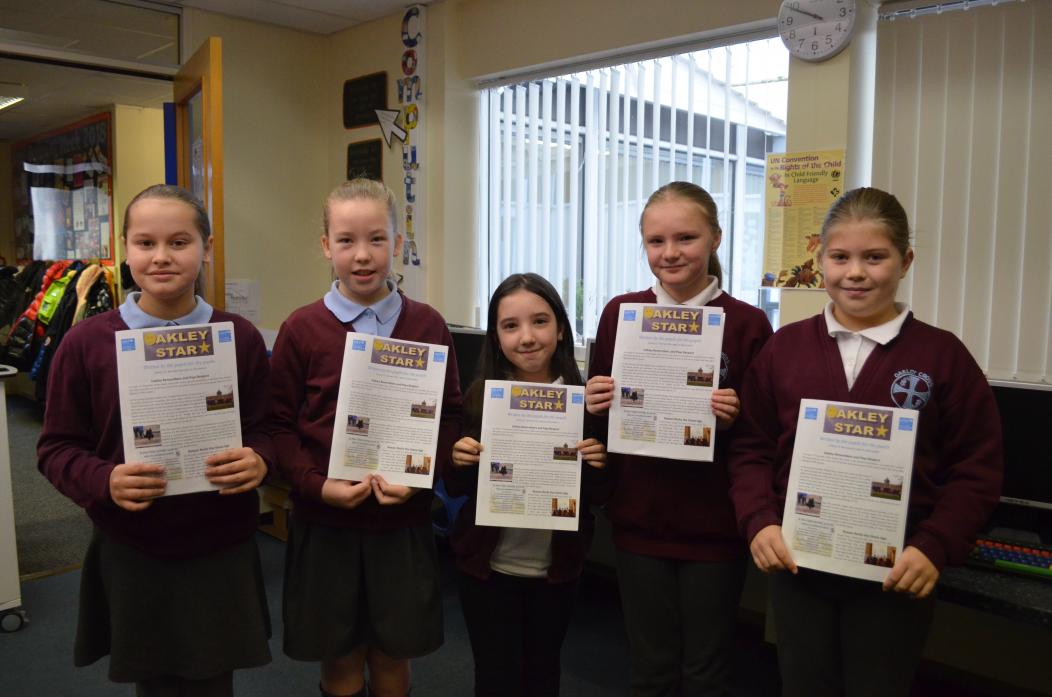 STAR PUPILS: Oakley Cross Primary School pupils Bree Bennett, Bethany Pallister, Caitlin Rowlinson, Brianna Bell and Amelia Nixon have launched their own newspaper