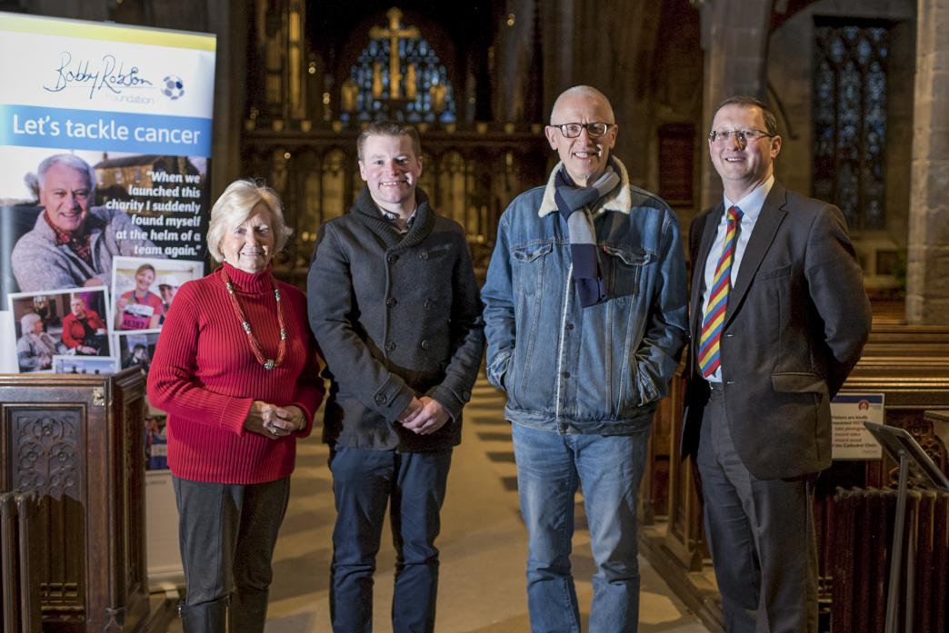DELIGHTED: Christmas in the Cathedral organiser Jonathan Wallis with, from left, Lady Elsie Robson, producer Ray Laidlaw and Barnard Castle solicitor Michael McGarry