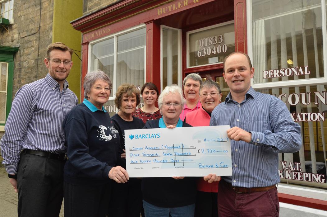 TOP EFFORT: Darren Gee, left, Chris Butler, right, and Lisa Bell, fourth from left, from Butler and Gee Accountants hand over £8,730 to Gillian Harle, Brenda Thwaites, Mary Lambert, Audrey Hunter and Hilda Cleasby from the Teesdale branch of Cancer Resear