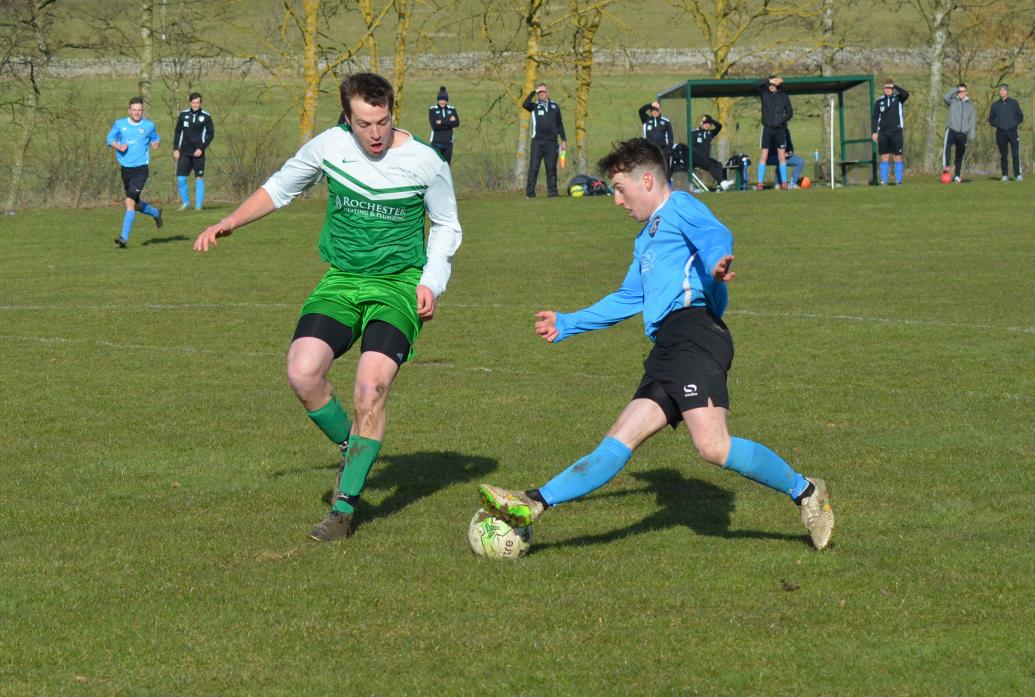 IN CONTROL: Glaxo Rangers’ Billy Hutchinson stretches to maintain possession in the game against Darlington Travellers Rest. Hutchinson scored what proved to be Glaxo’s winner