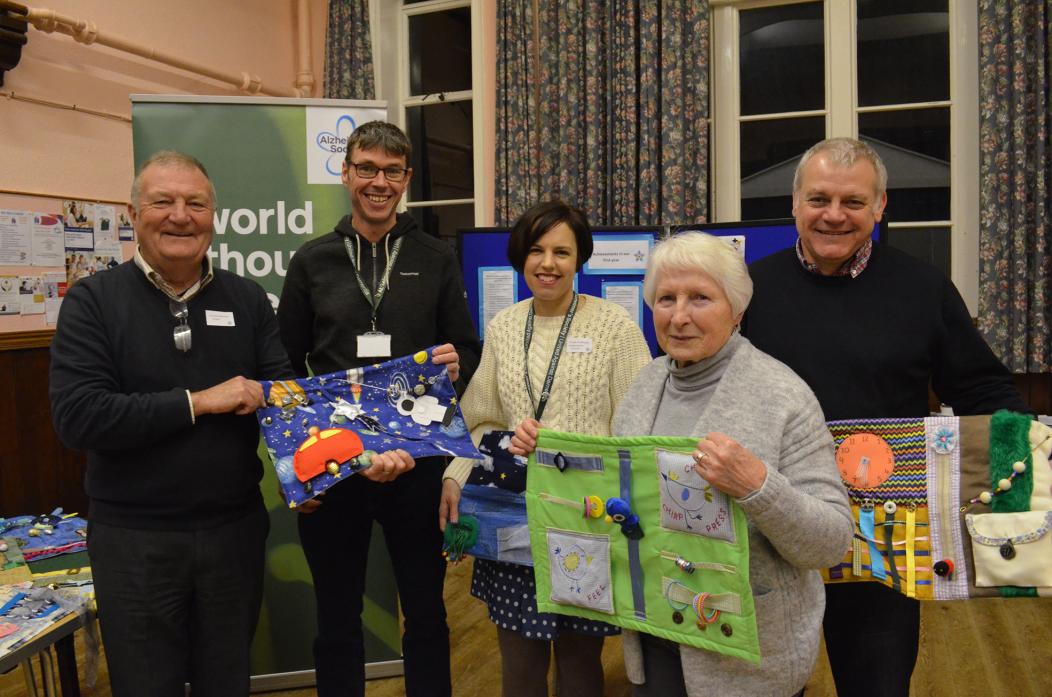 OPEN MEETING: Ian Kirkbride, chairman of the Barnard Castle Dementia Friendly Community Group, with Andy Ball and Faith Walkwell, of the Alzheimer’s Society, volunteer Mavis Willoughby, who helped to establish the group which makes fiddle mats, and Adam H