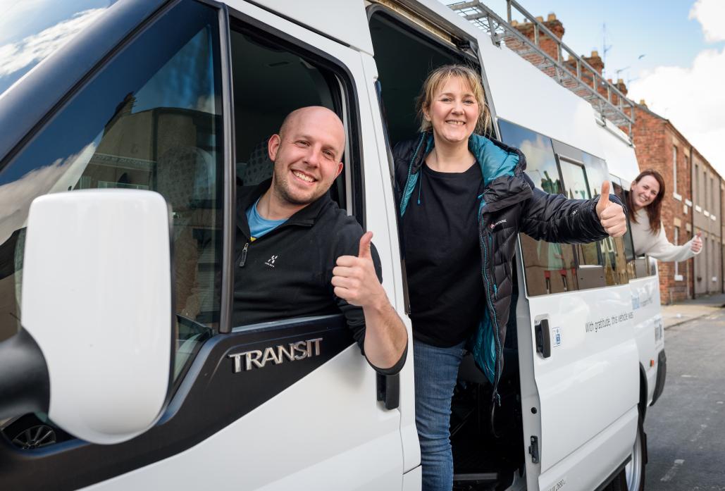 Jonny Elliott and Rachel Tweddle, both of The Hub, and Rachel Dyne, from Teesdale YMCA, with the mini-bus