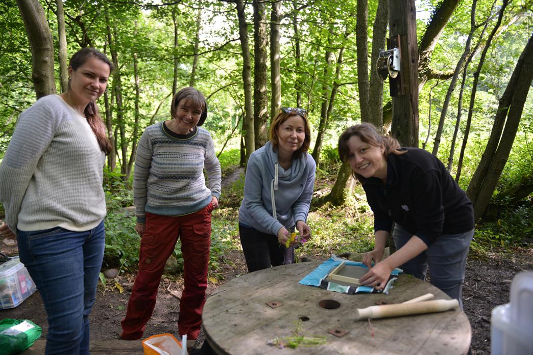 INTO THE WOODS: Counsellor Alex MacLean and Bright Woods Forest School staff Louise Shepherd, Honia Devlin and Gemma McColl demonstrate a clay mould art technique