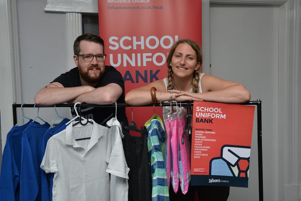 BANK ON US: Influence Church campus pastor Jonny Foster and school uniform bank organiser Sue Gregory with some of the items already collected