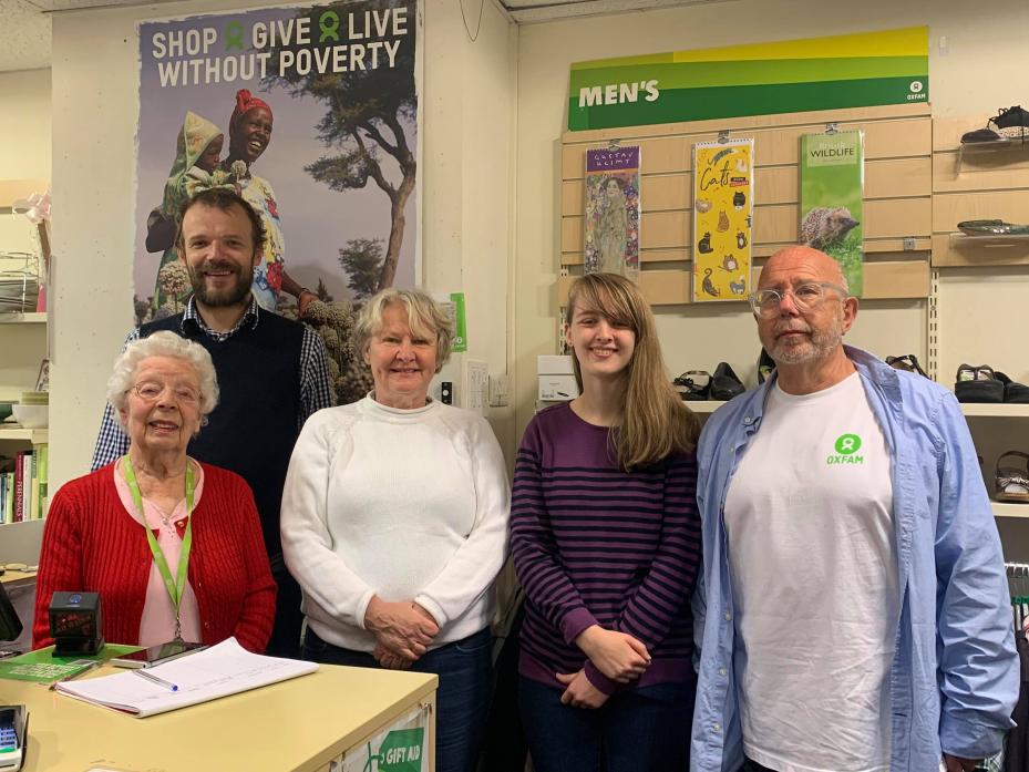 Anne Bell, Will Wearmouth, MP Helen Goodman, Kirsty McLachlan and Leigh Stenson at Barnard Castle’s Oxfam shop