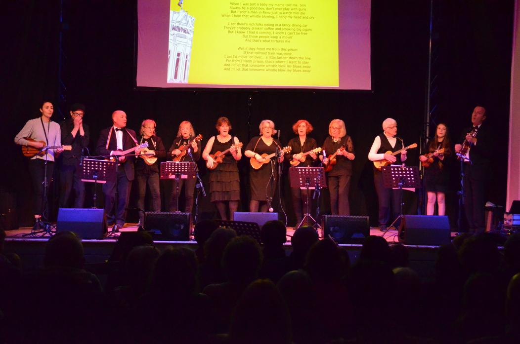 TUNING UP: The D’Ukes of Scarth, pictured on stage at The Witham, will join the line-up for an evening of ukulele music at the Scarth Hall later this month