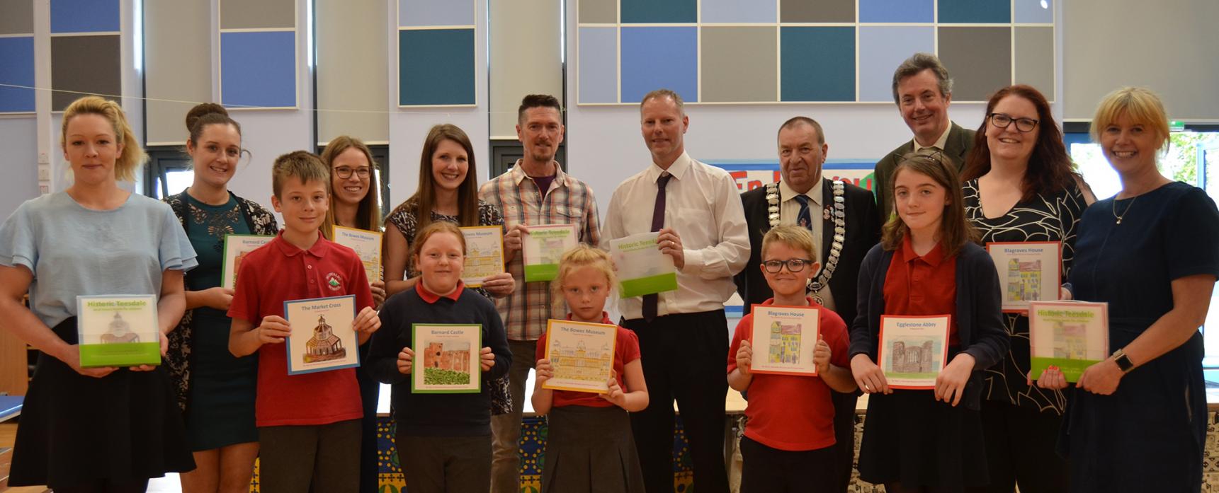 BOOK LAUNCH: Pupils and teachers at Montalbo Primary School at the launch of the new Teesdale history books with special guests