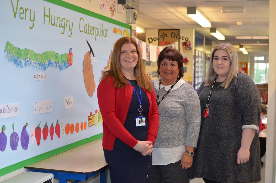 HAPPY BIRTHDAY: Evenwood Primary School’s headteacher Lindsey Vollans, fundraising co-ordinator Jill Swinbank and early years teacher Charlotte Hill are planning an open day to celebrate the nursery’s 25th anniversary