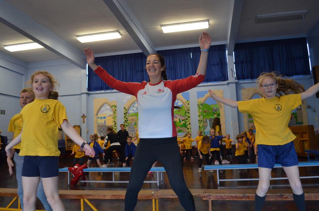 JUMP TO IT: Badminton star Jenny Wallwork joins pupils at Green Lane Primary at the sponsored work-out