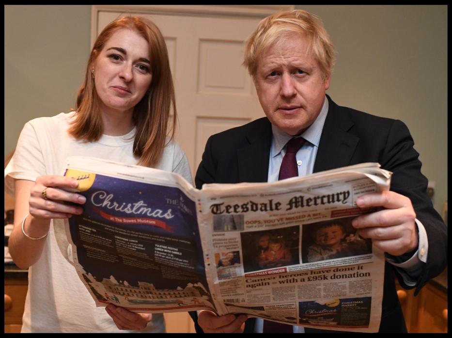 Despite not making it to Barnard Castle, prime minister Boris Johnson was still able to read a copy of the Teesdale Mercury and meet Conservative candidate for the Bishop Auckland constituency Dehenna Davison