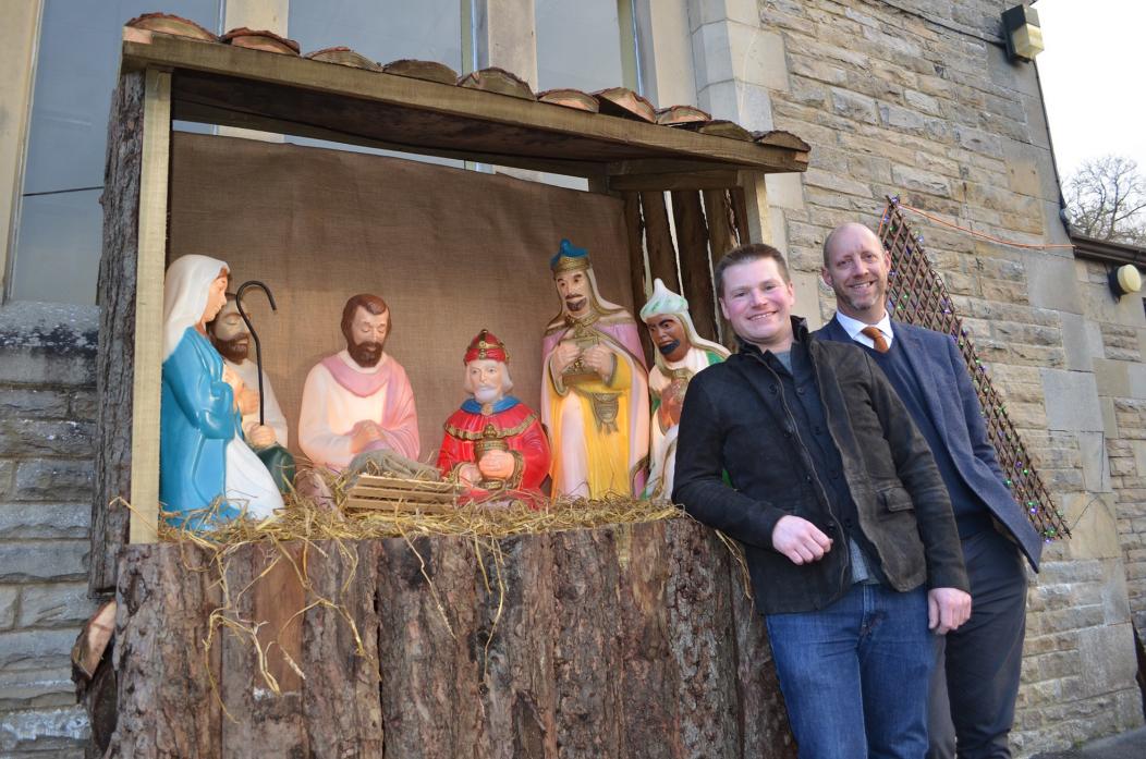 CHRISTMAS STORY: Jonathan Wallis and Alan Beaty with the newly installed nativity at Startforth Community Centre. Below, children from Kirklands nursery which is based at the centre 			    			                        TM pic