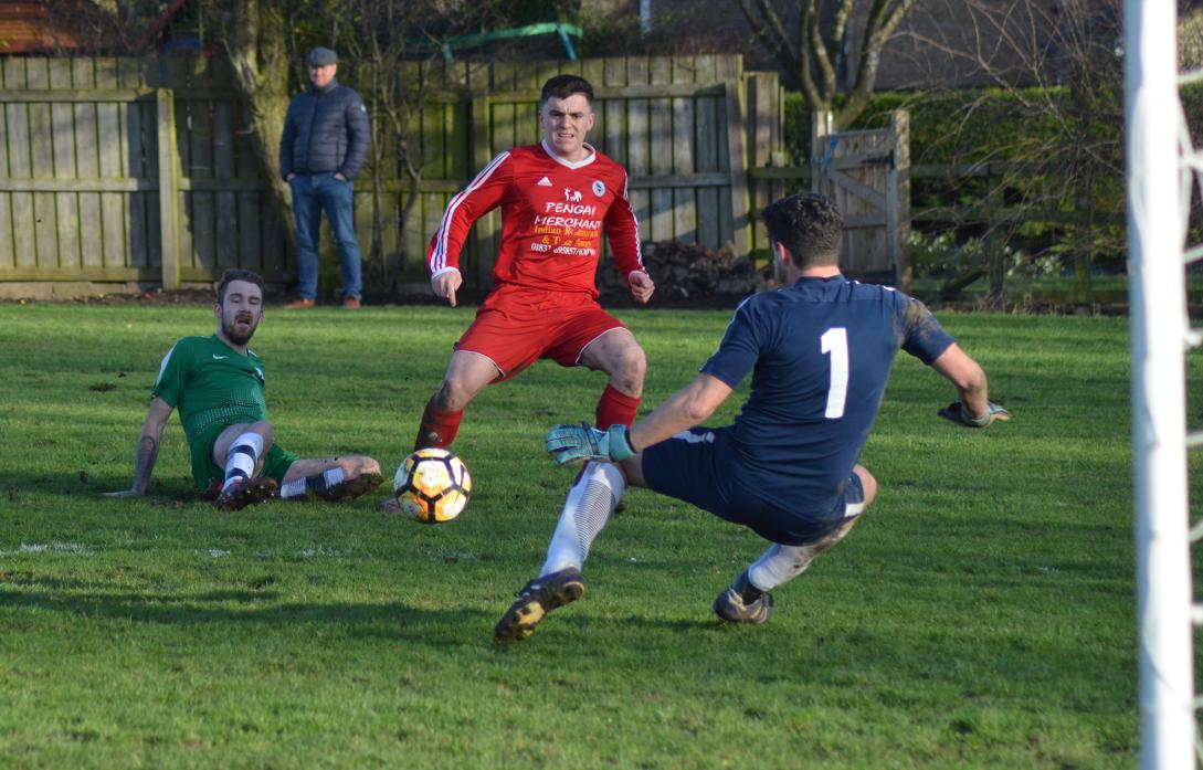 SO CLOSE: Bowes striker Adam Lee-Shield sees his goal-bound effort saved by the Cockerton Club keeper in Saturday’s cup match						             TM pic