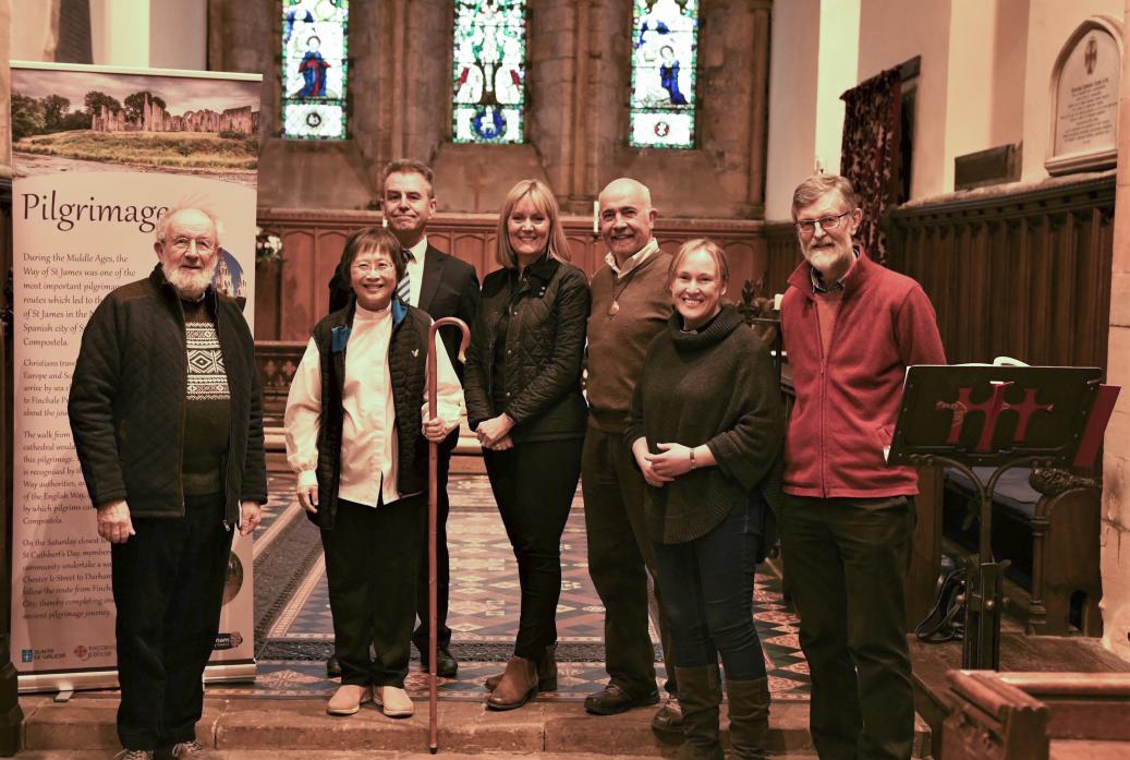 SPIRITUAL WALKS: Revd Eileen Harrop is delighted County Durham’s new pilgrimage routes will start at St Mary’s in Gainford. Here she is Geoff Taylor, Craig Wilson, Cllr Joy Allen, Keith Taylor, Cannon Charlie Allan, and David Potts