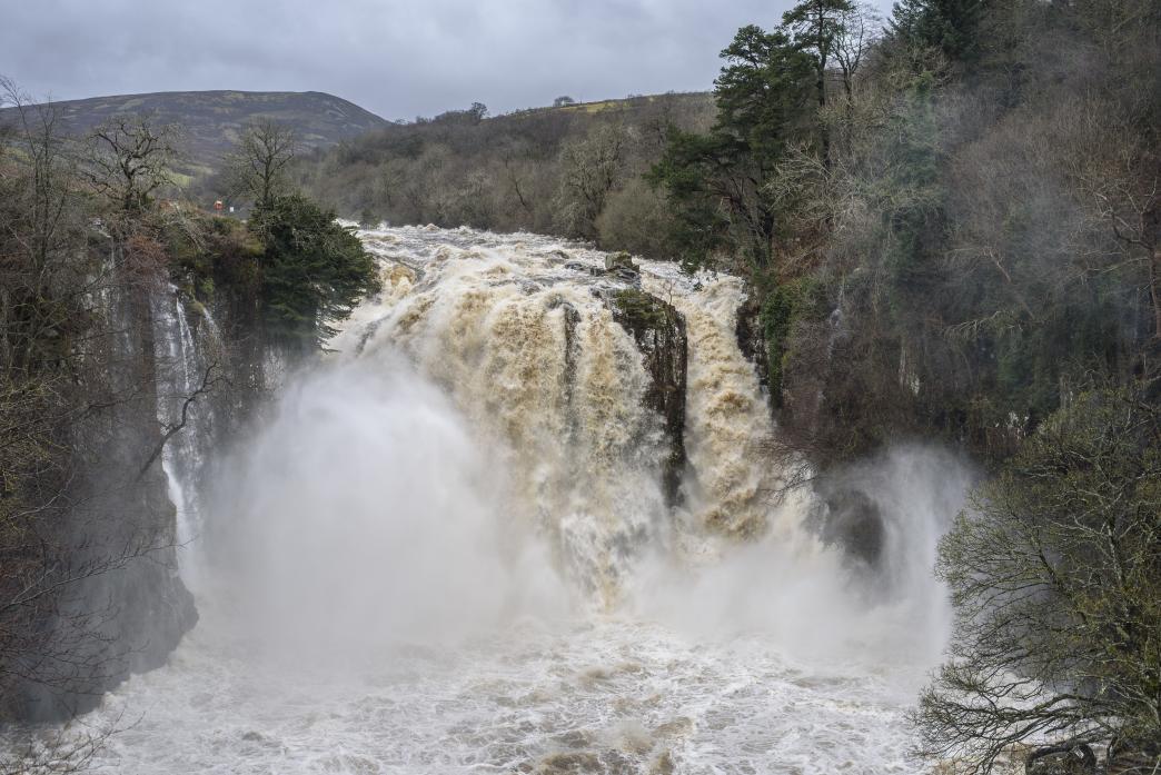 FORCE OF NATURE: High Force on Sunday morning when river levels in the upper dale were at their highest for years and water run-off blocked roads