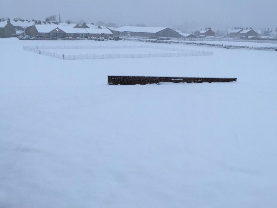 WHITE OUT: Hard to believe that with Barney’s Vere Road ground under a blanket of snow, it is less than two months to the start of the cricket season TM pic