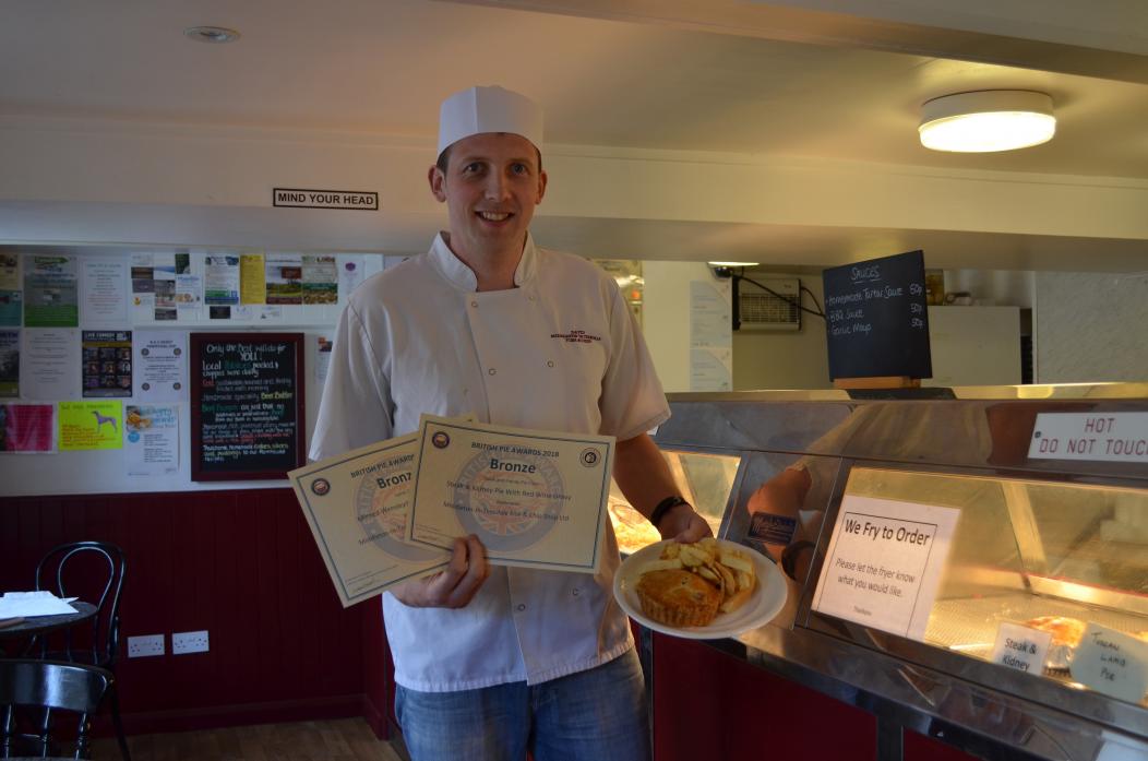 Right, the co-owner of Middleton-in-Teesdale Fish and Chip Shop, David Amsden, received two bronze awards for two of its popular pies