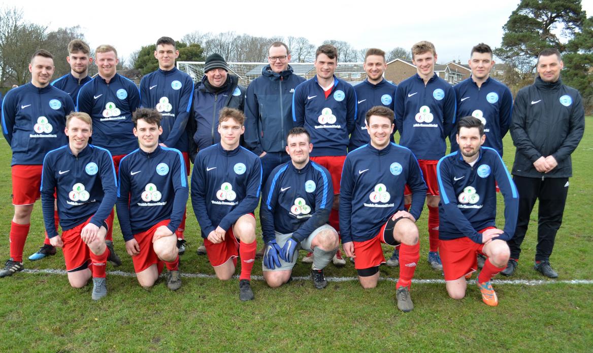 KITTED OUT: Before Saturday’s match against Middlestone Moor, Bowes FC were presented with training tops by Adam Bainbridge, of Teesdale Renewables. It marked the start of a three-year rolling sponsorship deal by the company during which time the club hop