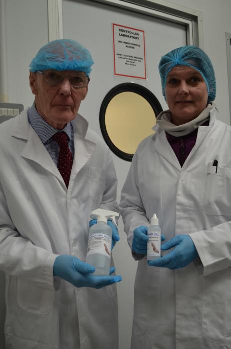 CLEANING UP: Hand sanitation products are being produced by Middleton-in-Teesdale pharmaceutical company Hyperdrug. Pictured are director Geoff Watson and Sam Fallon