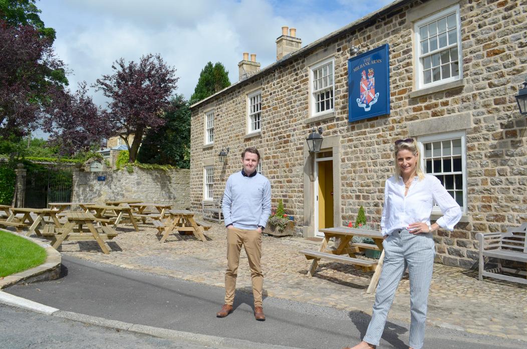 NEW VENTURE: Lady Natalie Milbank and David Nicholls outside the Milbank Arms where extra tables have been installed to make best use of the outside space. The Barningham Estate is also renovating nearby cottages in an effort to attract “staycation” touri