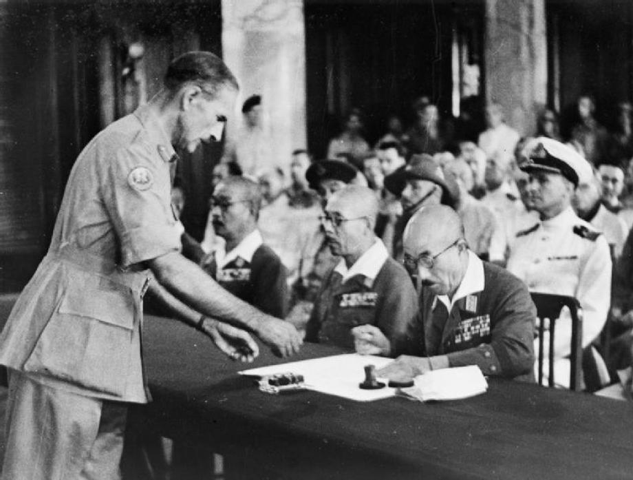WHITE FLAG: Japanese generals sign the Instrument of Surrender in the presence of Lord Mountbatten. It was an event witnessed by the father of Gainford vicar Revd Eileen Harrop
