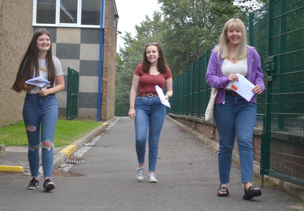 ALL SMILES: Celebrating their A Levels are Sarah Alderson, Alice Lawson, who will study maths and economics at Lancaster University, and Holly Moore, whose two As and a B will see her study English and Sociology at Sheffield University