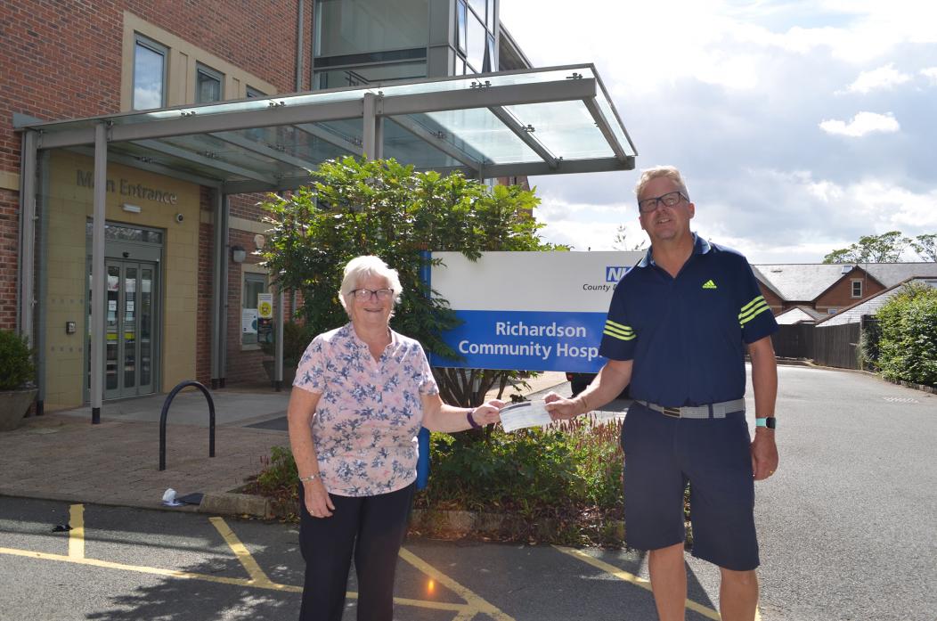 HOSPITAL FUNDS: Barnard Castle golf pro Darren Pearce donates £1,000 to Friends of the Richardson Hospital as he leaves for a new position. He is pictured with Pauline Harrison
