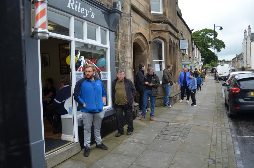 READY FOR THE CHOP: There was huge demand for barbers and hairdressers when salons were allowed to reopen with safety measures in place. A huge queue formed outside Riley’s, in Barnard Castle						     TM pic