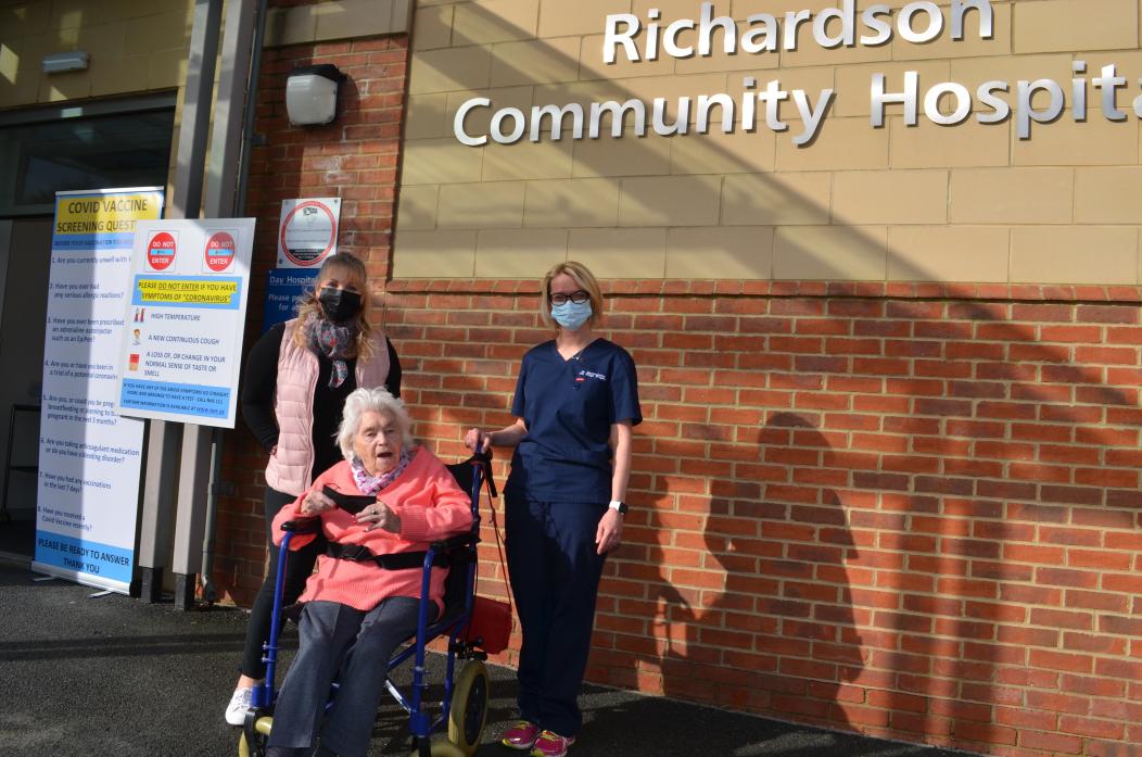 VACCINE HEROES: One of Teesdale’s oldest residents, Margaret Swan, 105, was at Richardson Hospital, in Barnard Castle, to get her second coronavirus vaccine dose last week. Also pictured are carer Monika Allen and lead GP for the day Dr Heather MacConachi