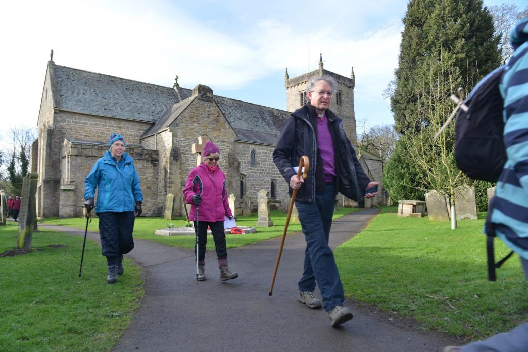 AND WE’RE OFF: Bishop of Durham Paul Butler heads off from St mary’s Church, Gainford, accompanied by Kath Neill and Joyce Wilson