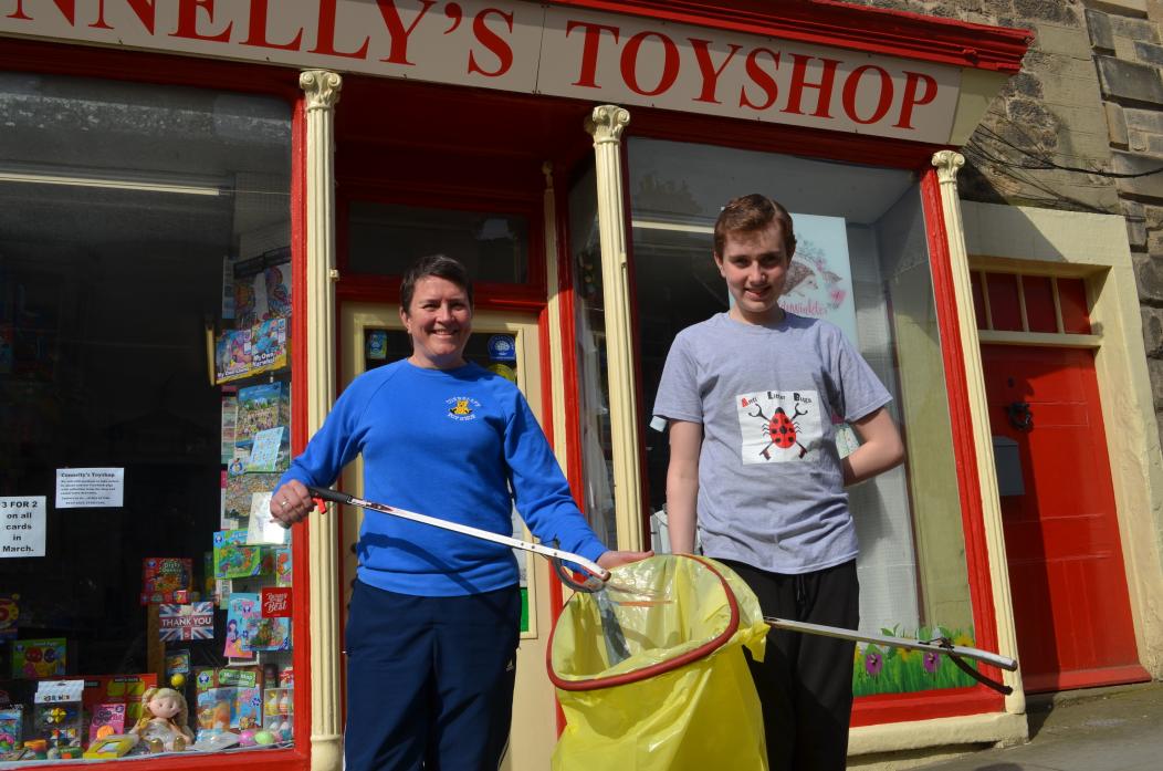 KEEP IT CLEAN: Anti-litter campaigner George O’Brien with toy shop owner Pauline Connelly and some of the equipment available from the loan hub
