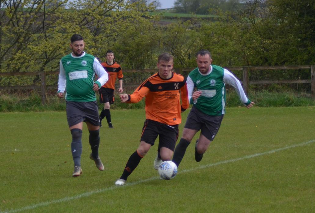 GOAL OF THE SEASON: Gainford’s Harry Hobbs, in action for Gainford against Leeholme last week, scored with a shot from inside his own half – the highlight of an otherwise disappointing evening for his side