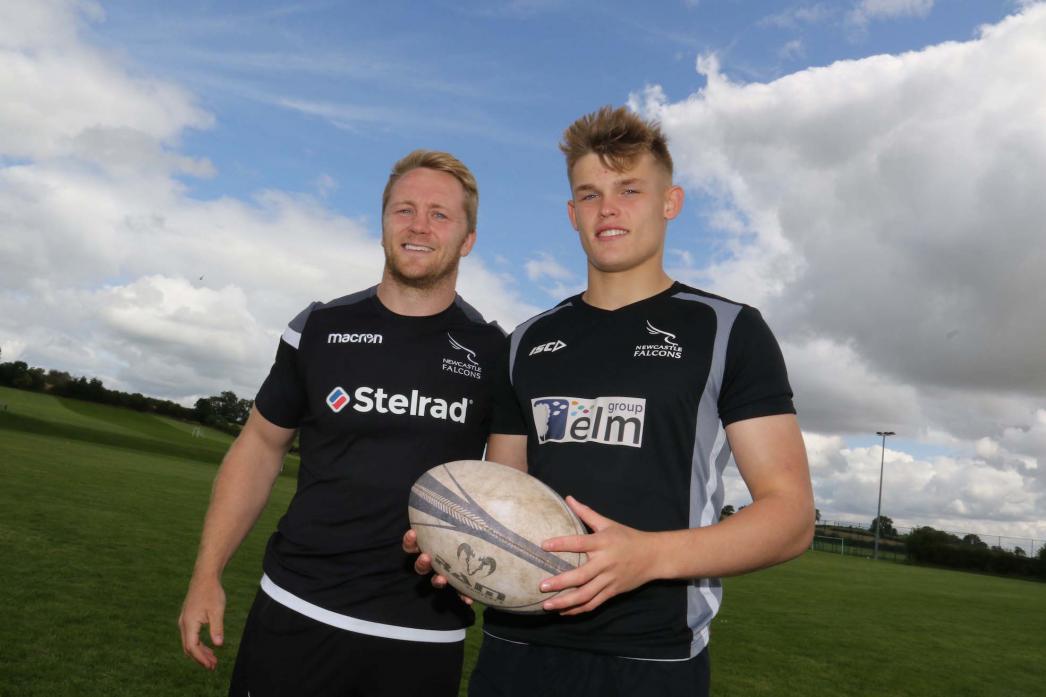 SIGNING UP: Barnard Castle School sixth former and open-side flanker Guy Pepper, who has been signed by Newcastle Falcons, with Old Barnardian and soon-to-be-teammate, fullback Alex Tait