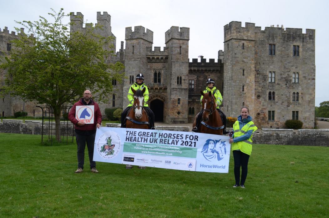 MOVING ON: The Horses for Health Relay baton was handed to  mounted police officers Lucy Adair and Bev Crain at Raby Castle by Justin Brooks as it makes its way around the country highlighting how horses can help well-being. Also pictured is Hamsterley ri