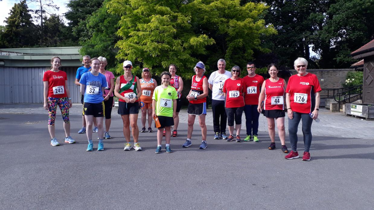UNDER STARTER’S ORDERS: The Teesdale AC runners who took part in the Children with Cancer 5k. Erica Dixon, third left, was the first of the club’s runners to finish, in a time of 26.35mins