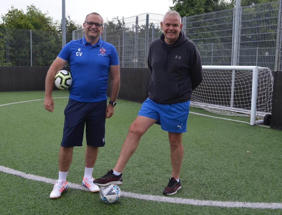 KICKING OFF: Walking Football is being launched in Barnard Castle this week. Limbering up are Chris Vasey from Barnard castle FC and former player John Walker