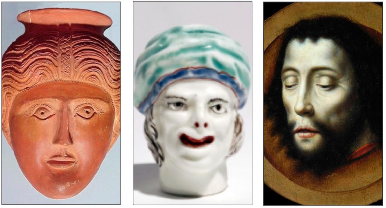 WISE HEADS: The Roman head pot, the ceramic handle for a cane and the painting of St John the Baptist’s head on a gold dish