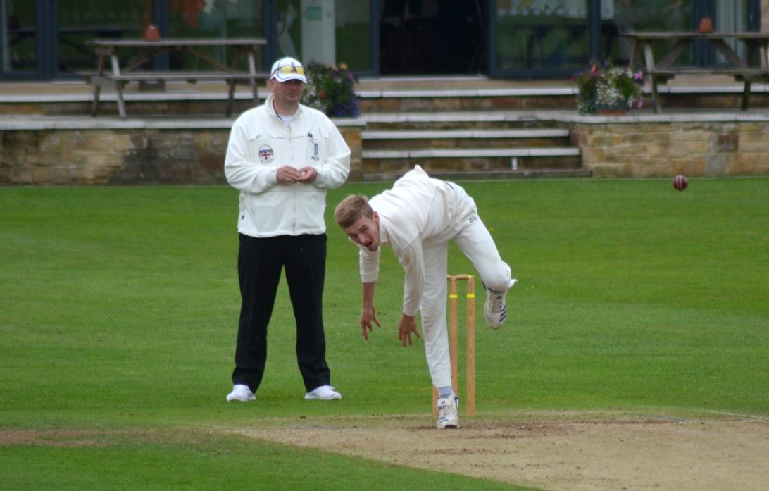 ROCK ON TOMMY: Tommy Merryweather in action for Barney on Saturday against Great Ayton. The youngster bagged four wickets in a lively opening spell before the game was abandoned due to the rain