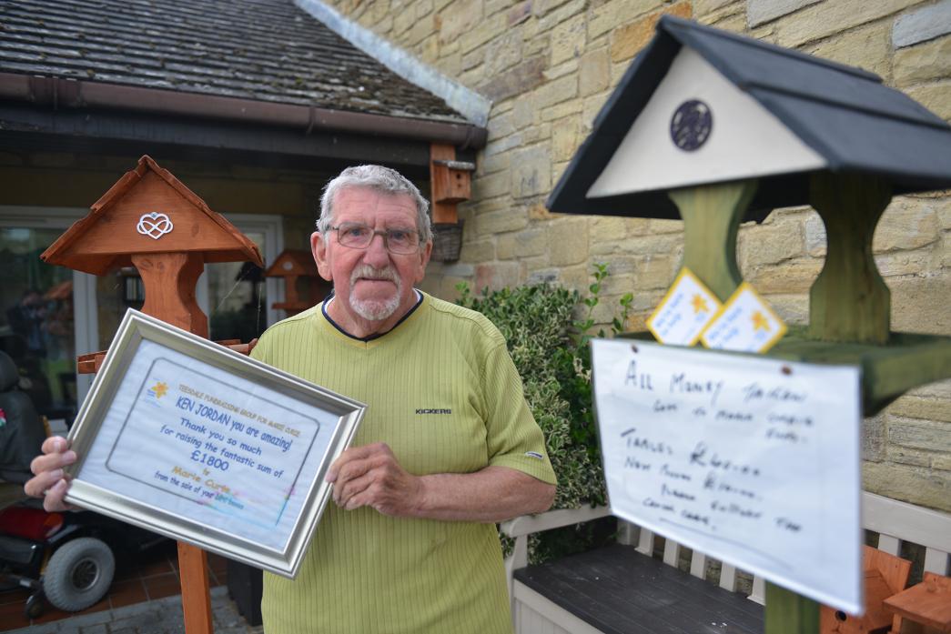 FLIGHT OF FANCY: Retired joiner Ken Jordan has brought to an end his cottage industry of making bird tables and boxes after raising a milestone £2,000 for the Marie Curie charity