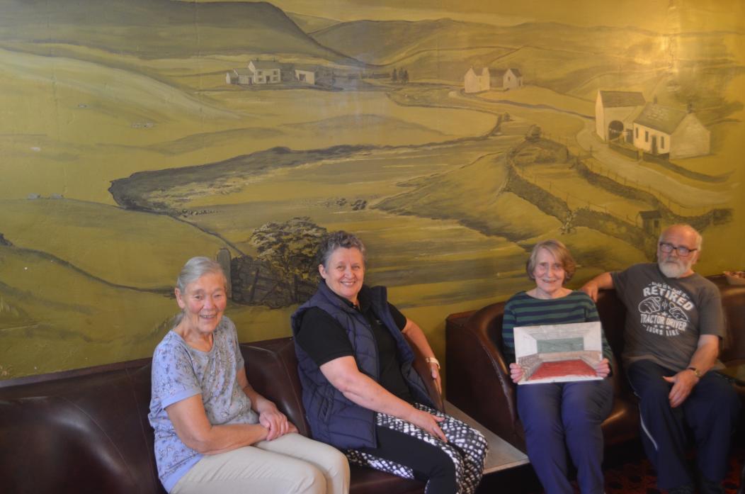 DALE LANDSCAPE: Artist Pauline Wilkinson in front of the mural she created 46 years ago with club committee member Sue Bainbridge and Carol and Clive Scott, who live at Beck Foot Farm and featured in the painting