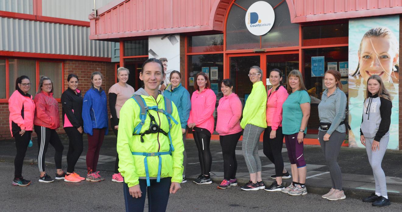 AND THEY’RE OFF: Tina Robson and her group of female runners prepare to set off from Teesdale Leisure Centre for their weekly training session
