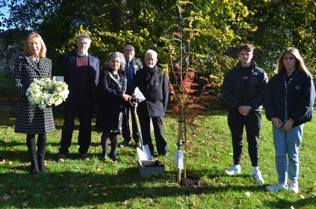 TOWN CEREMONY: Barnard Castle town mayor Cllr Rima Chatterjee officially planted the tree of remembrance at St Mary’s. She is pictured with Rotarians Godfrey Irving and Colin Dunnighan, and Dr Robert Carter and Margaret Taube-Brown, from Barnard Castle Su